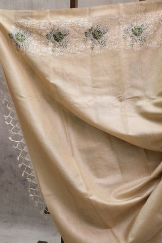 Cream Machine Embroidered Tussar Silk Saree-SRCMETSS780