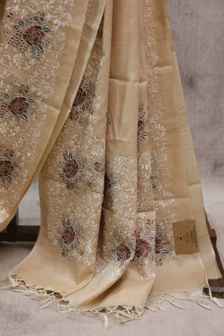 Cream Machine Embroidered Tussar Silk Saree-SRCMETSS781