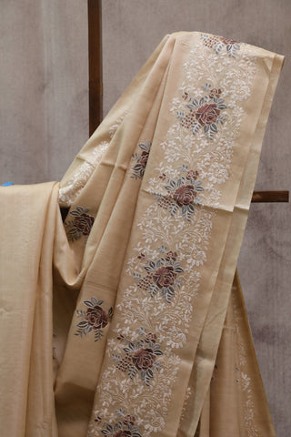 Cream Machine Embroidered Tussar Silk Saree-SRCMETSS781