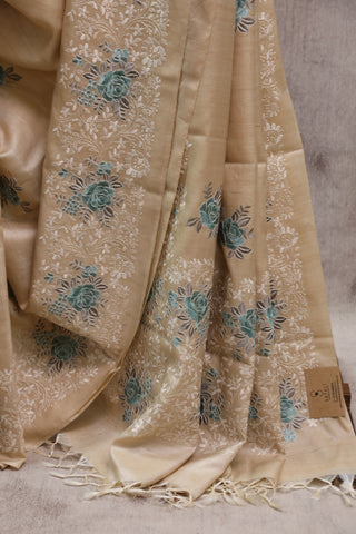 Cream Machine Embroidered Tussar Silk Saree-SRCMETSS782