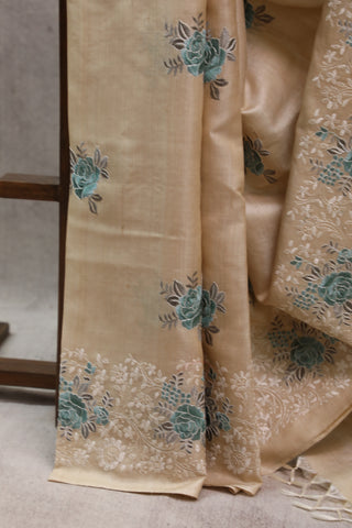 Cream Machine Embroidered Tussar Silk Saree-SRCMETSS782