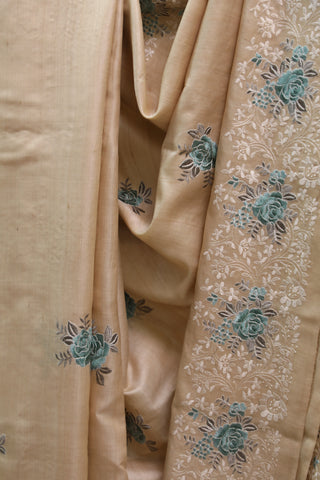 Cream Machine Embroidered Tussar Silk Saree-SRCMETSS782