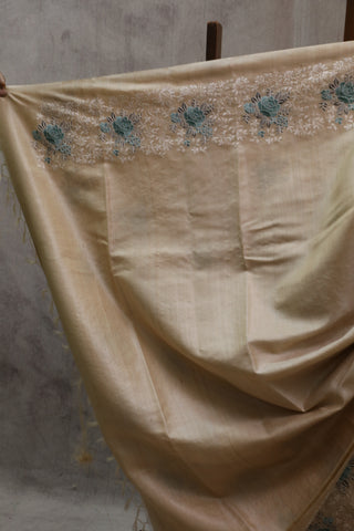 Cream Machine Embroidered Tussar Silk Saree-SRCMETSS782