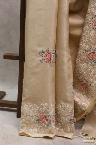 Cream Machine Embroidered Tussar Silk Saree-SRCMETSS783