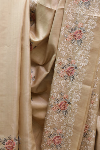 Cream Machine Embroidered Tussar Silk Saree-SRCMETSS783