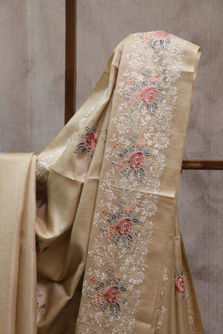 Cream Machine Embroidered Tussar Silk Saree-SRCMETSS783