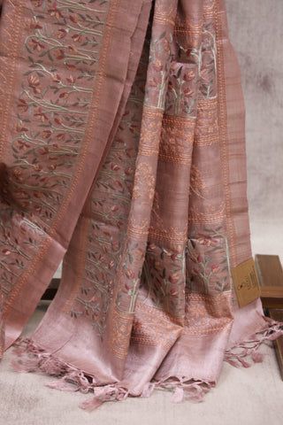 Pink Machine Embroidered Tussar Silk Saree-SRPMETSS785