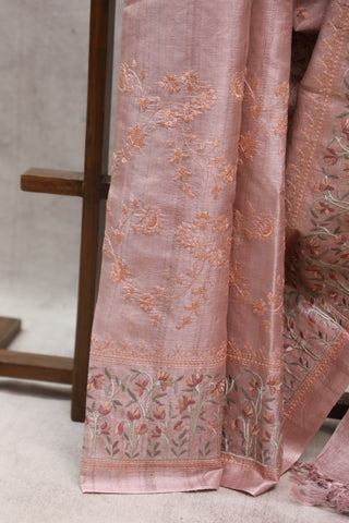 Pink Machine Embroidered Tussar Silk Saree-SRPMETSS785