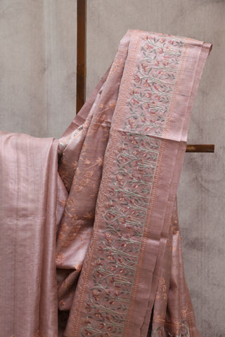 Pink Machine Embroidered Tussar Silk Saree-SRPMETSS785