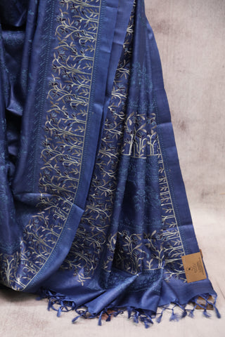 Blue Machine Embroidered Tussar Silk Saree-SRBMETSS786