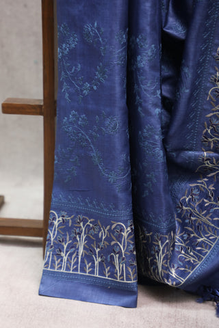 Blue Machine Embroidered Tussar Silk Saree-SRBMETSS786