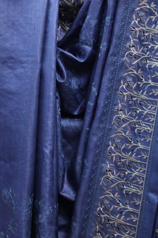 Blue Machine Embroidered Tussar Silk Saree-SRBMETSS786