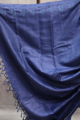 Blue Machine Embroidered Tussar Silk Saree-SRBMETSS786