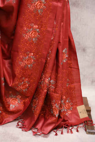 Red Machine Embroidered Tussar Silk Saree-SRRMETSS787