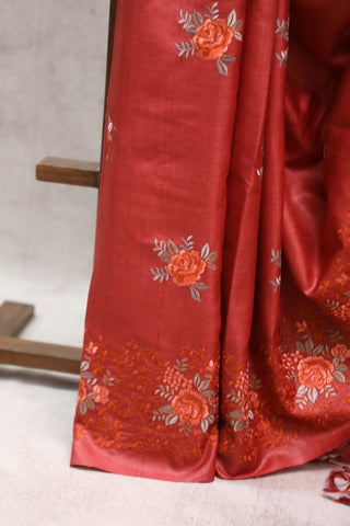 Red Machine Embroidered Tussar Silk Saree-SRRMETSS787