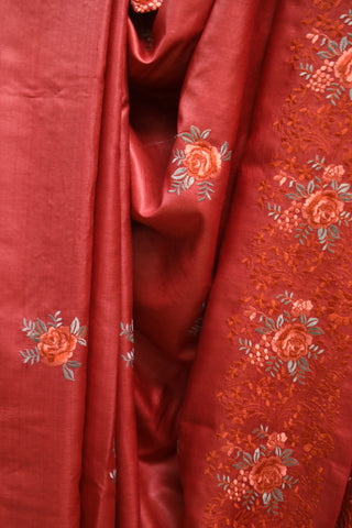 Red Machine Embroidered Tussar Silk Saree-SRRMETSS787