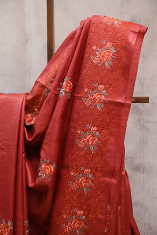 Red Machine Embroidered Tussar Silk Saree-SRRMETSS787