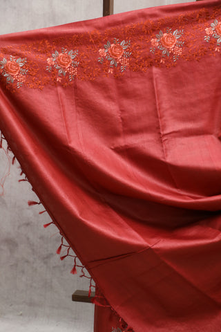 Red Machine Embroidered Tussar Silk Saree-SRRMETSS787