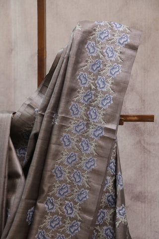 Grey Machine Embroidered Tussar Silk Saree-SRGMETSS790