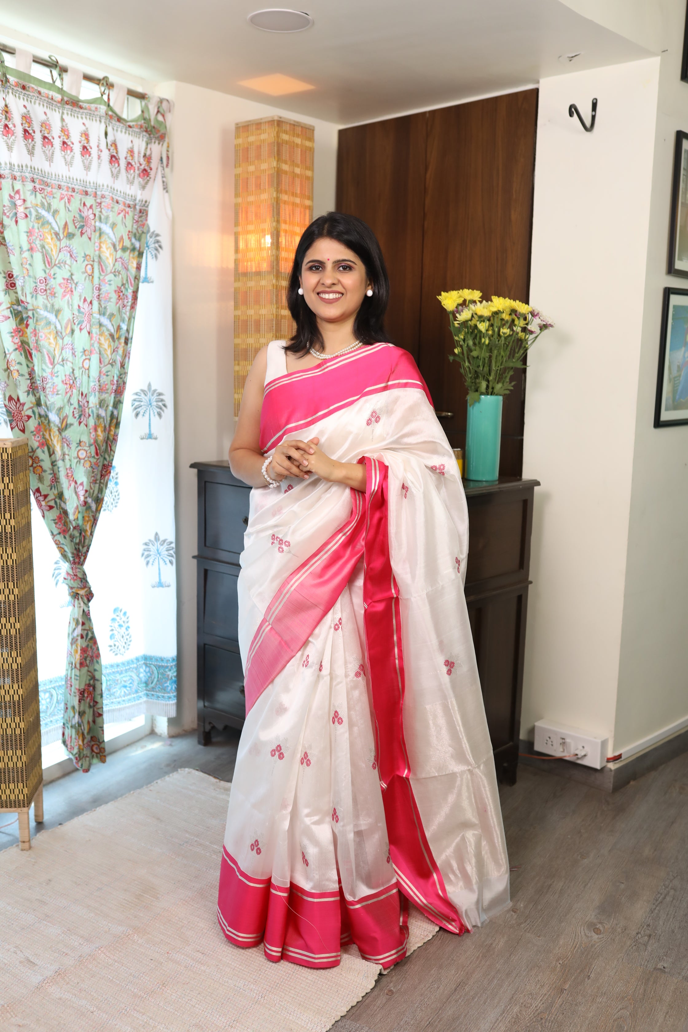 White Chanderi Silk Saree-SRWCSS75