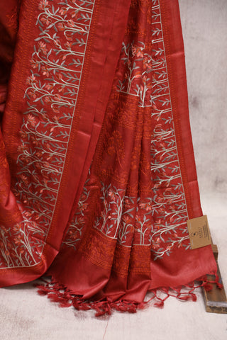 Red Machine Embroidered Tussar Silk Saree-SRRMETSS788