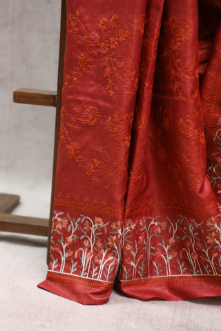 Red Machine Embroidered Tussar Silk Saree-SRRMETSS788