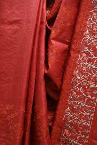 Red Machine Embroidered Tussar Silk Saree-SRRMETSS788