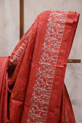 Red Machine Embroidered Tussar Silk Saree-SRRMETSS788