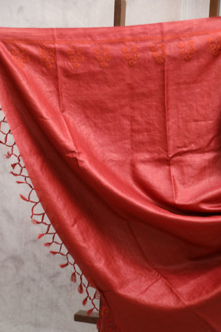 Red Machine Embroidered Tussar Silk Saree-SRRMETSS788