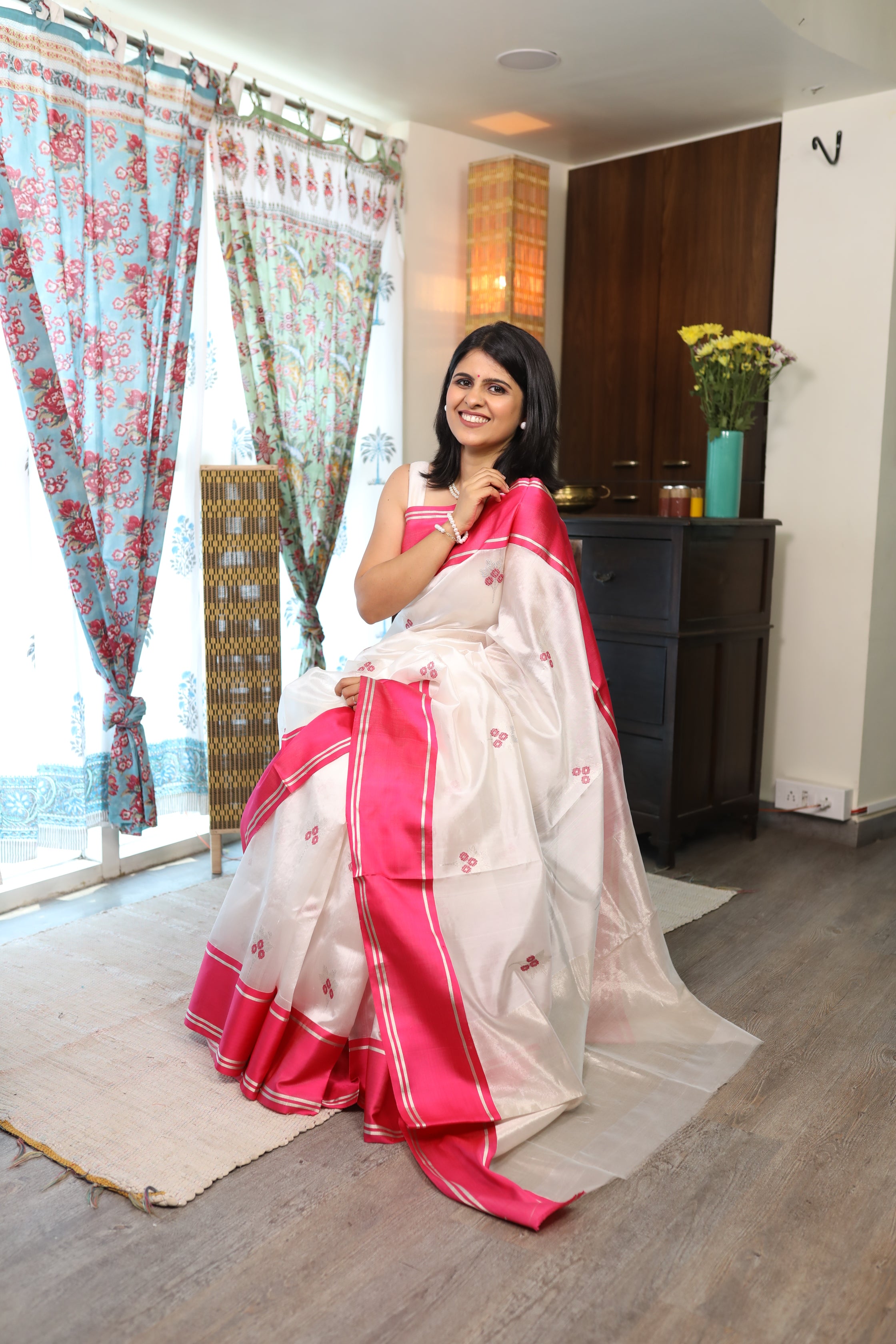 White Chanderi Silk Saree-SRWCSS75