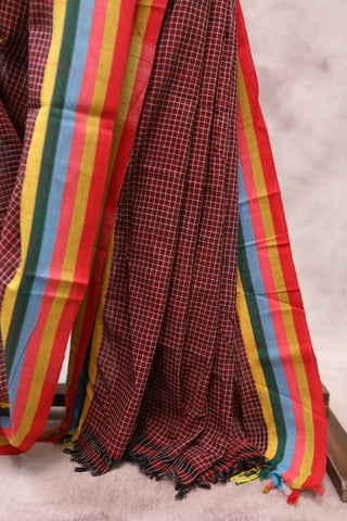 Maroon Small Checks Cotton Patteda Anchu Saree With Multicoloured Border -SRMCPAS78