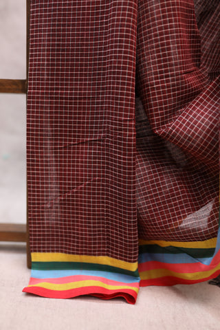 Maroon Small Checks Cotton Patteda Anchu Saree With Multicoloured Border -SRMCPAS78