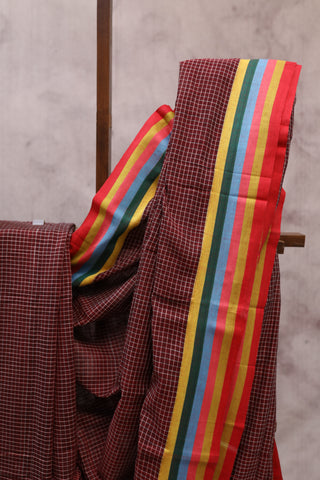 Maroon Small Checks Cotton Patteda Anchu Saree With Multicoloured Border -SRMCPAS78