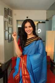 Blue Cotton Gadwal Saree - SRBCGS69