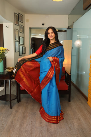 Blue Cotton Gadwal Saree - SRBCGS69 (Without Blouse Piece)