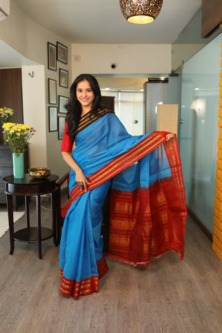 Blue Cotton Gadwal Saree - SRBCGS69 (Without Blouse Piece)