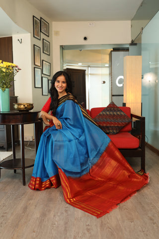 Blue Cotton Gadwal Saree - SRBCGS69 (Without Blouse Piece)