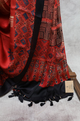 Red Ajrakh Print Modal Silk Saree - SRRAPMSS274