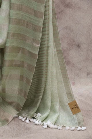 Pastel Green Plain Linen Saree With White Tassels-SRPGPLS149