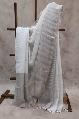 White Plain Linen Saree With White Tassels-SRWPLS150