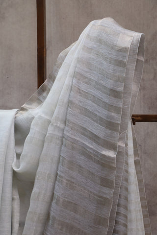 White Plain Linen Saree With White Tassels-SRWPLS150