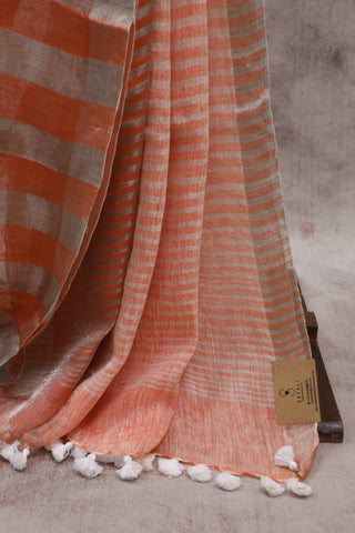 Orange Plain Linen Saree With White Tassels-SROPLS151