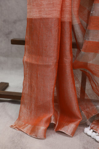 Orange Plain Linen Saree With White Tassels-SROPLS151