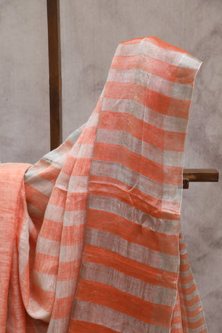 Orange Plain Linen Saree With White Tassels-SROPLS151