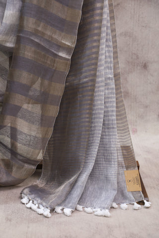 Greyish Blue Plain Linen Saree With White Tassels-SRGBPLS152