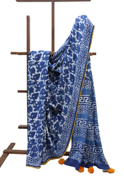 Indigo HBP Cotton Saree With Beads - SRICS169