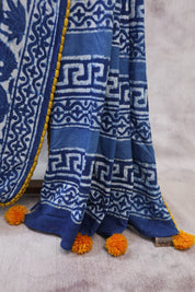 Indigo HBP Cotton Saree With Beads - SRICS169