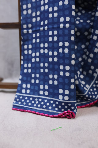 Indigo HBP Cotton Saree With Beads - SRICS168