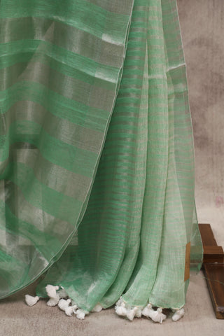 Green Plain Linen Saree With White Tassels-SRGPLS154