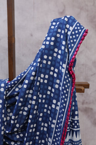 Indigo HBP Cotton Saree With Beads - SRICS168